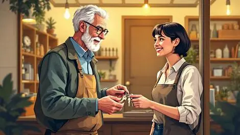 Older australian business owner passing office keys to younger adult symbolizing succession