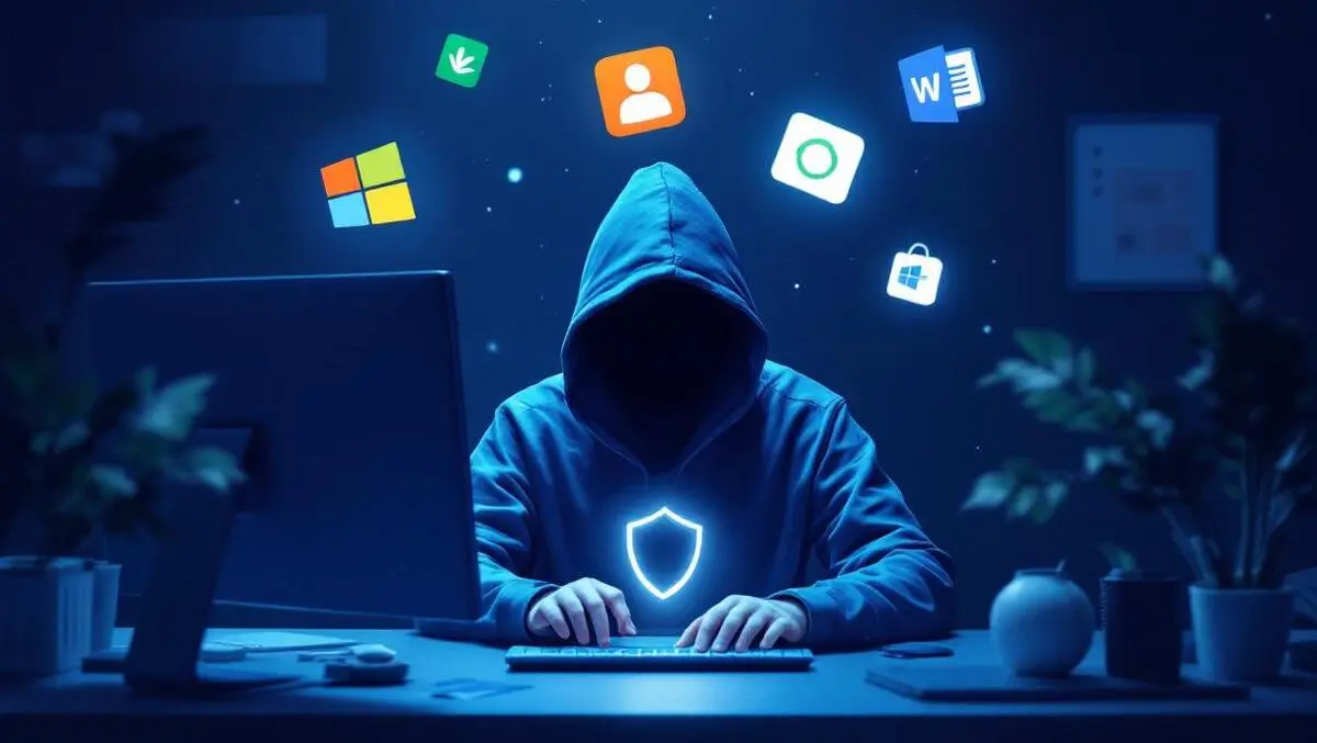 Digital illustration hacker computer bypassing microsoft app security shield
