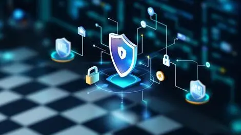 Digital illustration computer network shields padlocks security assessment