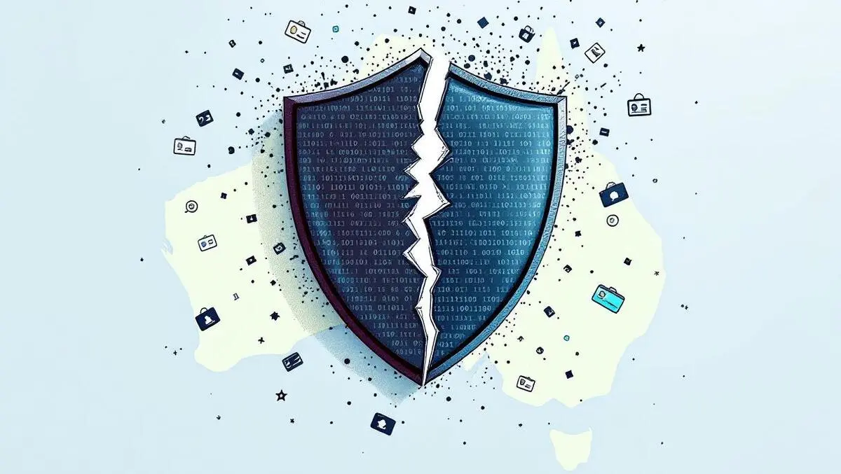 Broken shield digital binary code leaking personal data id cards australia map