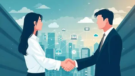 Business professionals handshake cloud network digital devices sea skyline