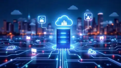 Interconnected computer servers cloud icons australian cityscape modernisation