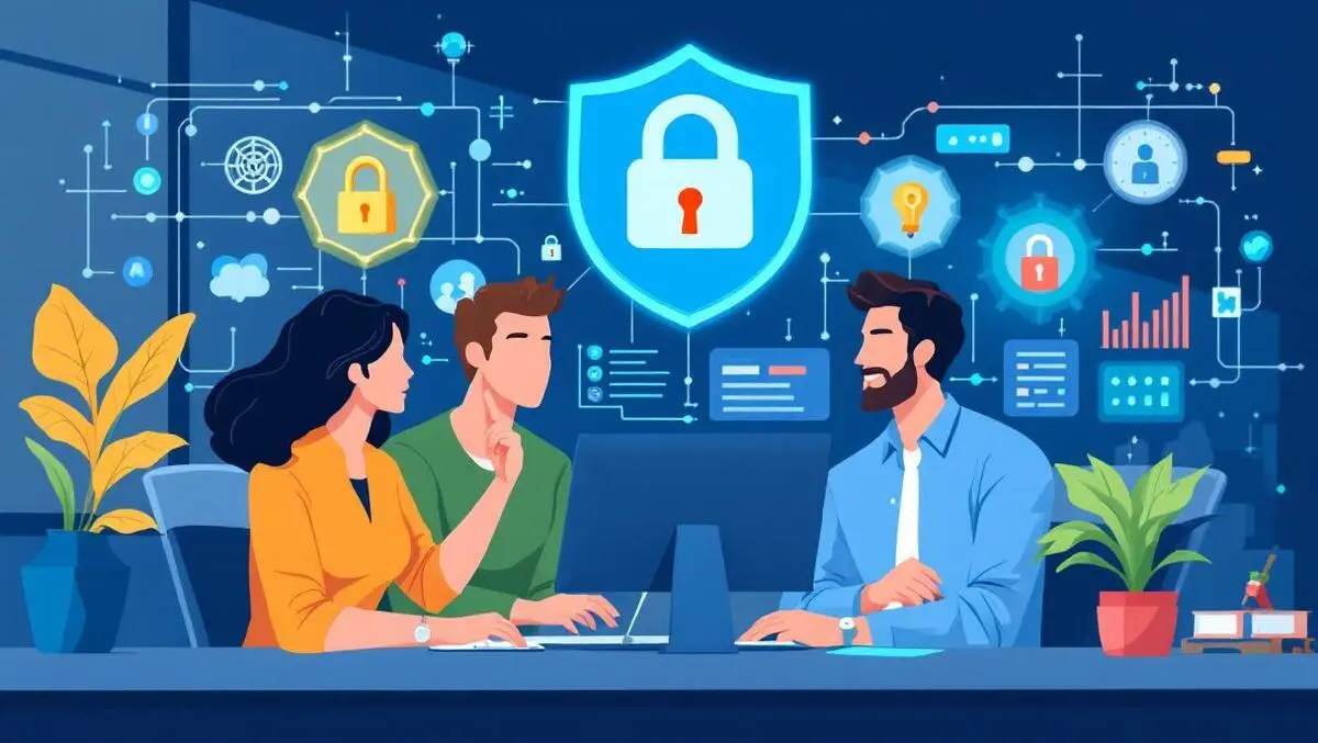 Professionals collaborating around computer digital security icons australian office