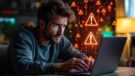 Worried person using laptop online scam threats digital warnings australia