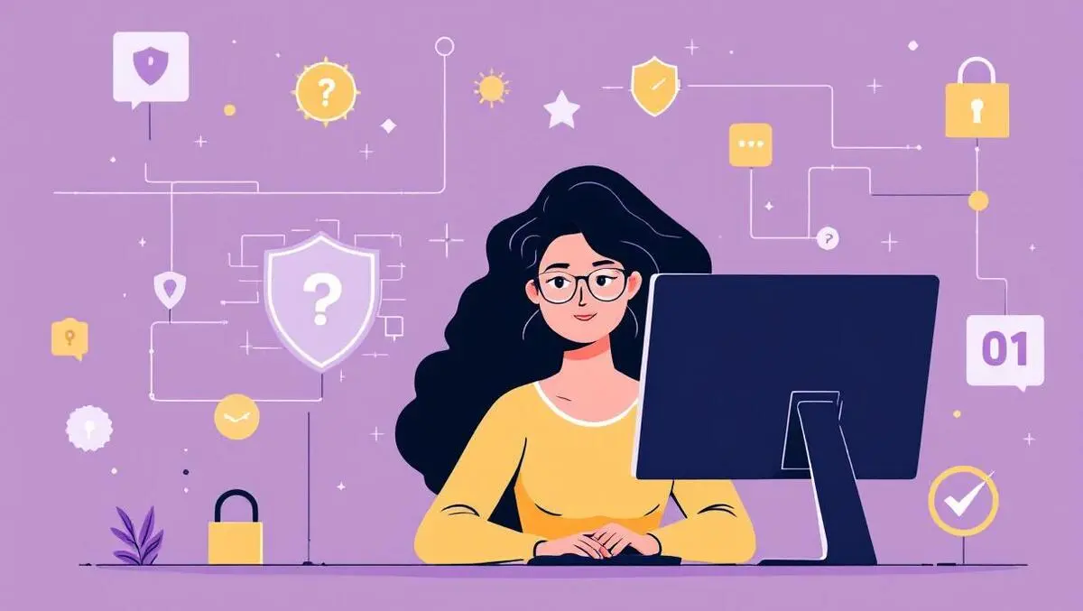 Confident woman working at computer with digital security symbols women in cybersecurity