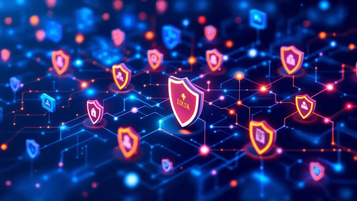 Interconnected digital nodes data streams shield icons cybersecurity protection