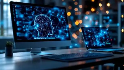 Modern desktop laptop desk ai neural network integration realistic photo