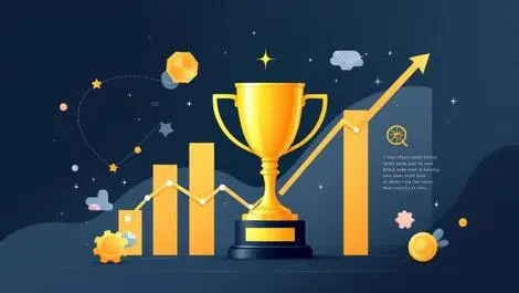 Golden trophy business growth success illustration with rising graphs