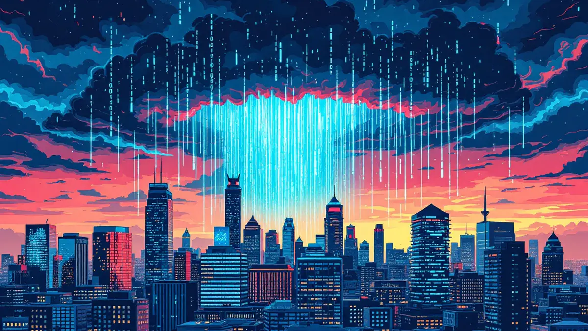 Australian city skyline digital code storm clouds cyber threats corporate office buildings