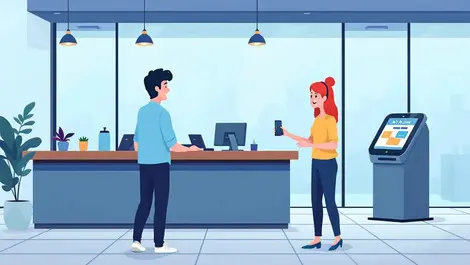 Australian bank branch interior human teller helping customer ai kiosk