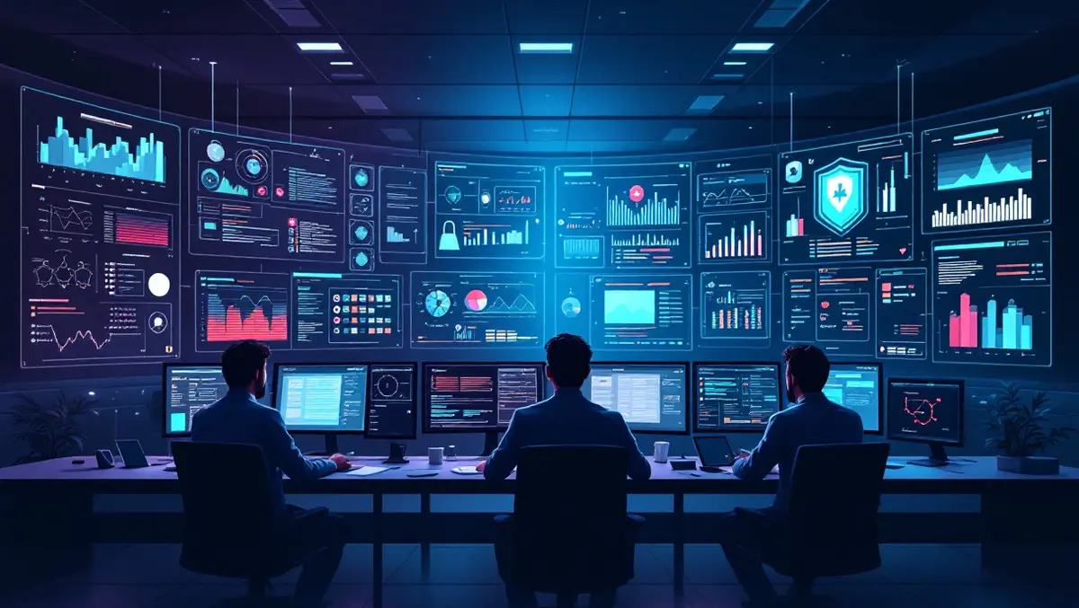 Modern security operations centre analysts monitoring multiple screens network threat alerts