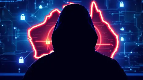 Shadowy figure glowing computer screen lock symbol australia cyberattack