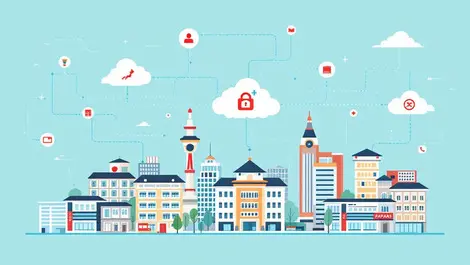 Japanese university buildings connected by secure cloud icons data flows