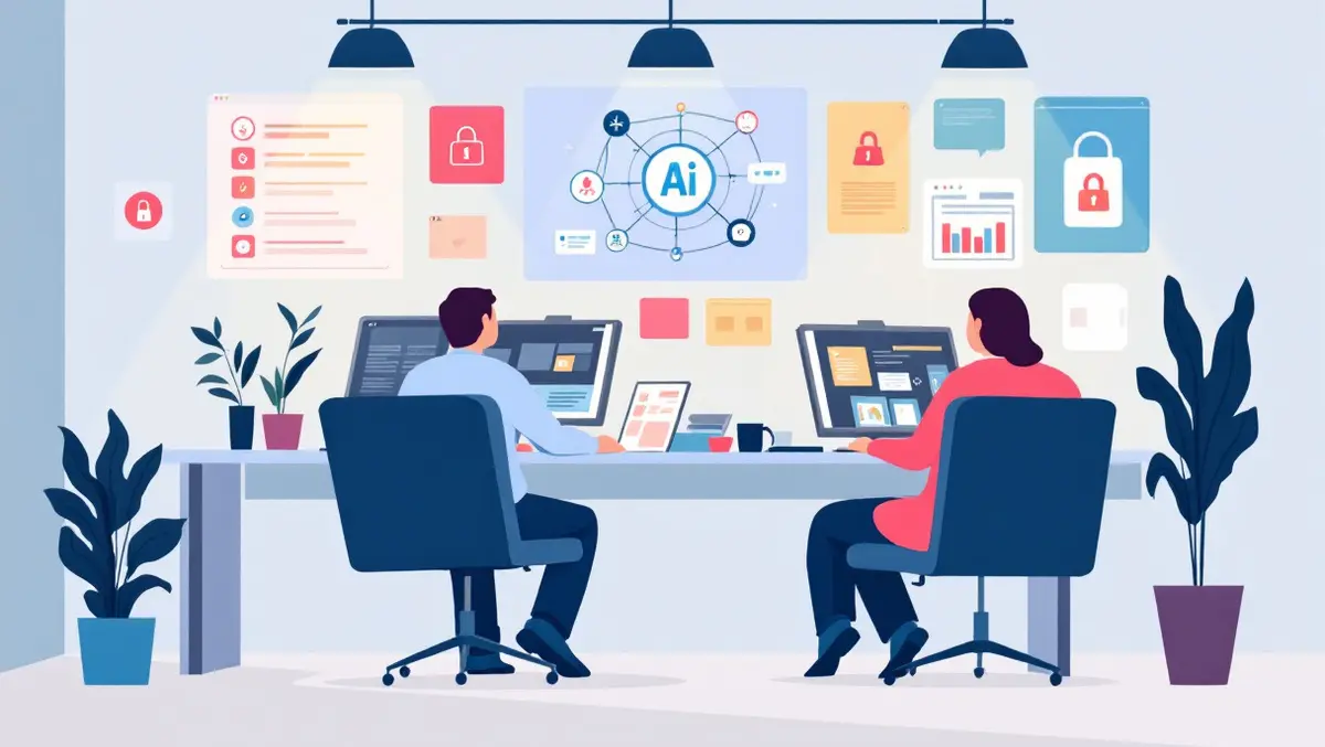 Australian office employees using computers ai icons with data vulnerability