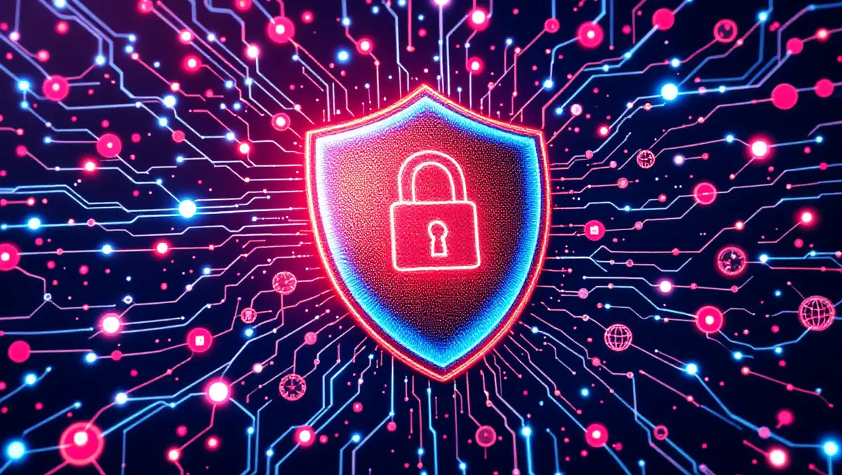 Computer shield lock surrounded by digital network nodes with threats