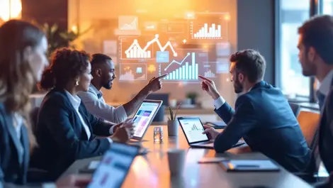 Business meeting professionals laptops tablets digital graphs charts online advertising performance roi