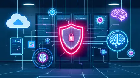 Secure server room digital shields network racks cloud ai brains protection