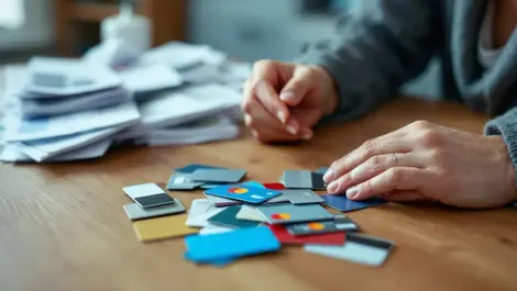 Stressed person looking at scattered credit cards and household bills uk home