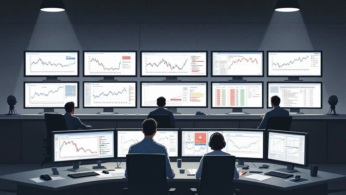 Control room security analysts monitoring alerts graphs calm focus