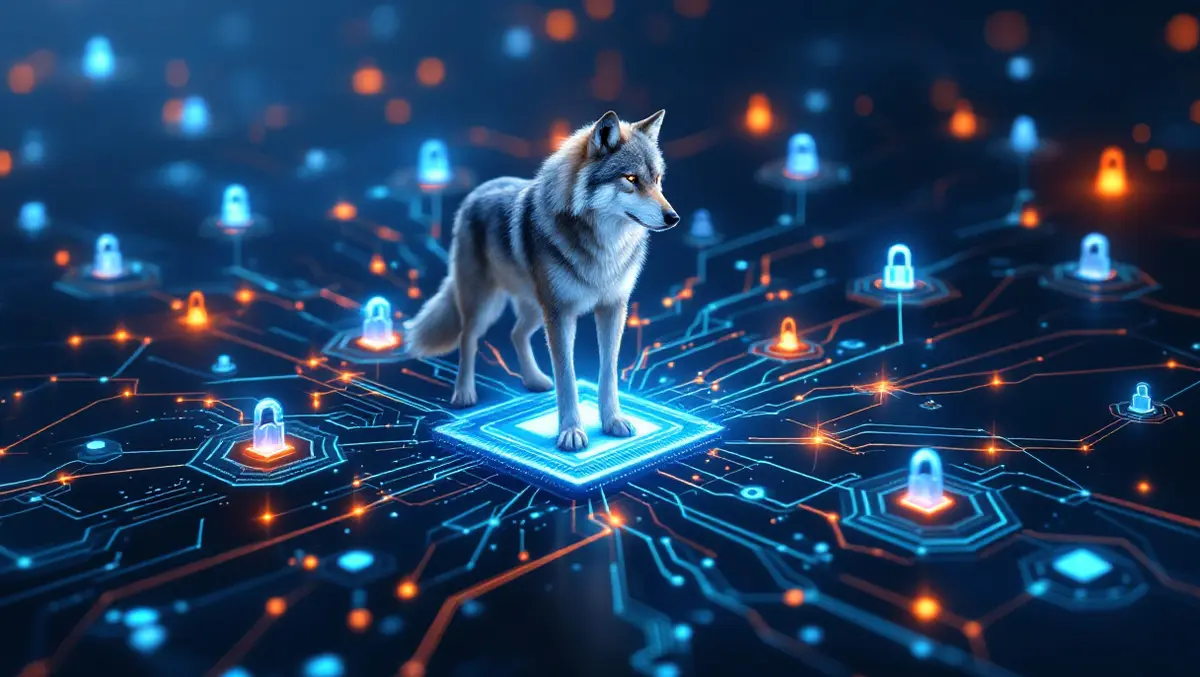 Vigilant wolf standing digital network map cyber threat detection