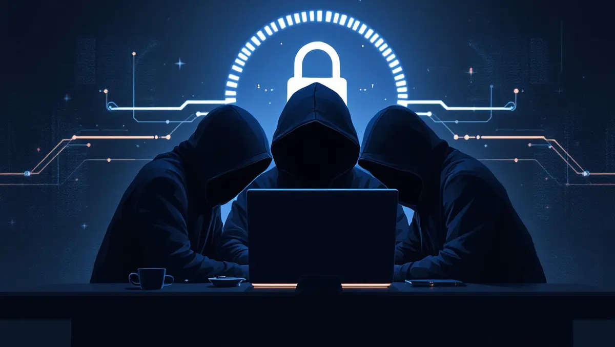 Hooded figures collaborating computer digital lock global ransomware cyber gangs