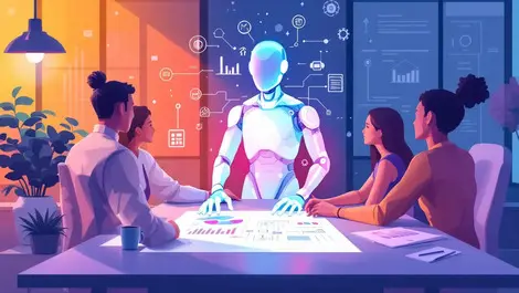 Office team collaborating with translucent ai figure workflow charts