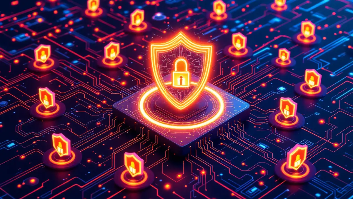 Detailed computer network neon shield icons ai quantum waves encryption