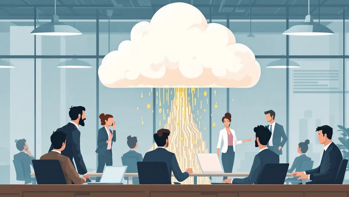 Digital data leak from cloud surrounded by concerned business professionals in modern office
