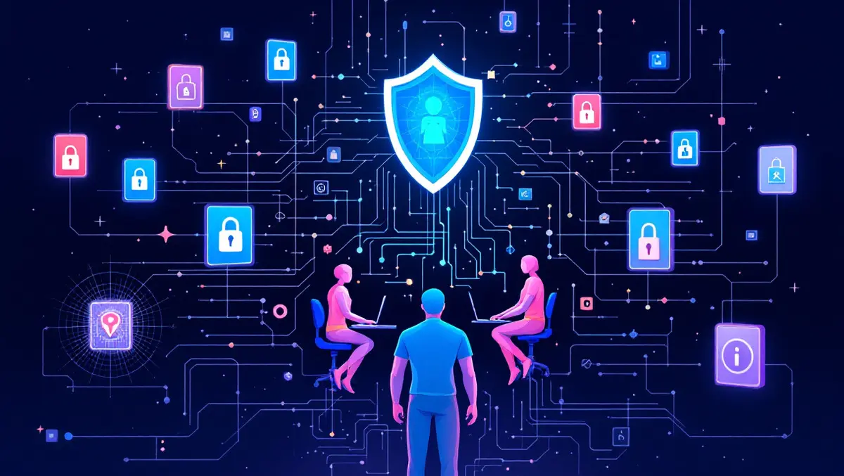 Secure digital workspace abstract human figures computers shields padlocks