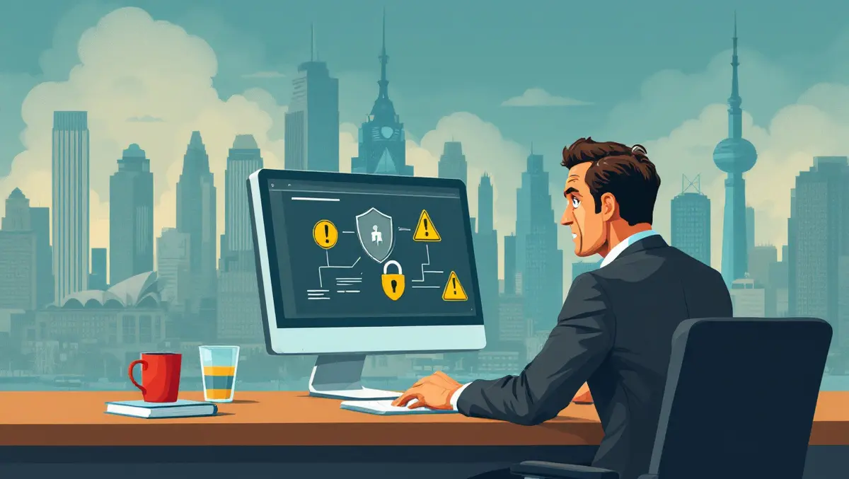 Worried australian business executive computer warning shield sydney cityscape