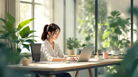 Asian office worker modern desk lush green plant natural light calm workspace