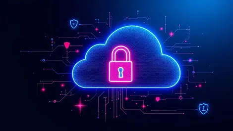 Digital lock surrounded by cloud shapes with shield icons data protection