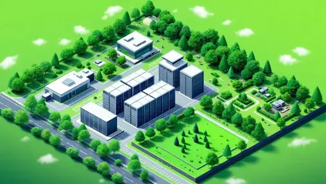 Modern data centre complex surrounded by green fields and trees with high tech buildings and natural reserve