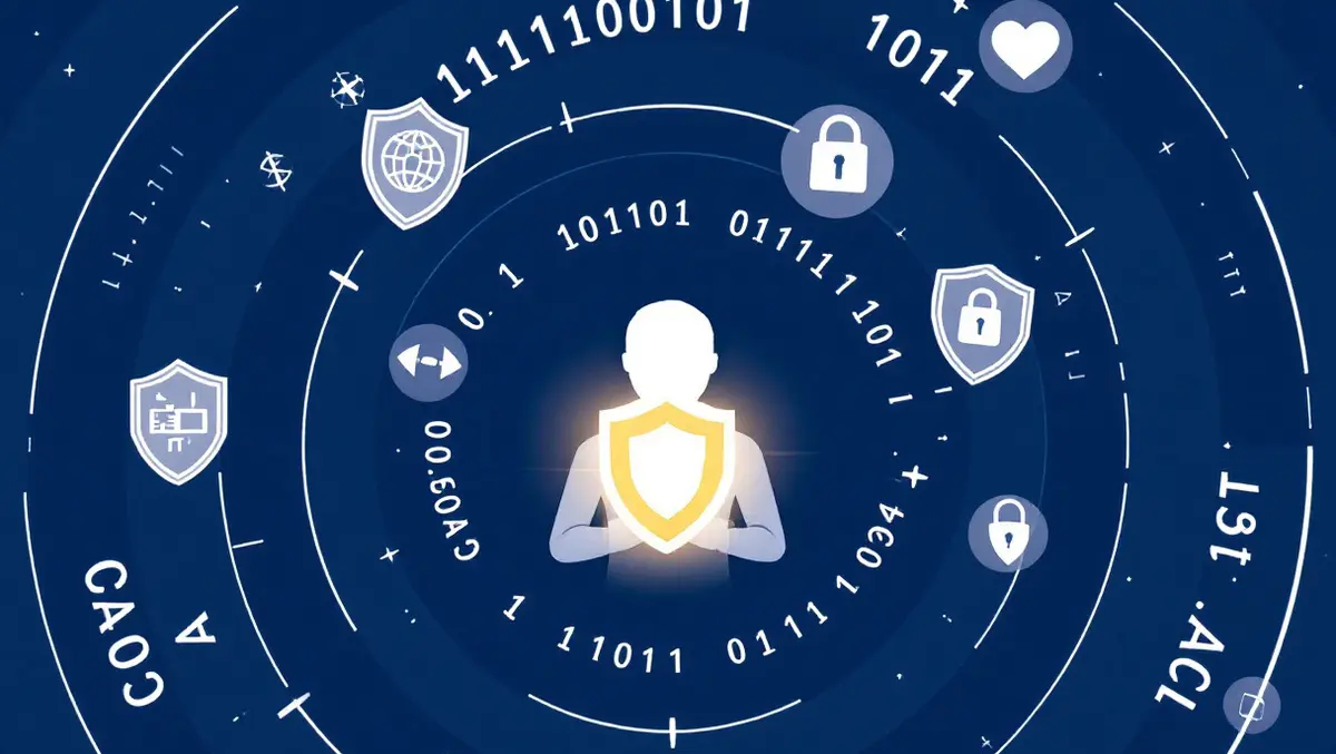 Person protected by concentric digital shields binary codes cybersecurity