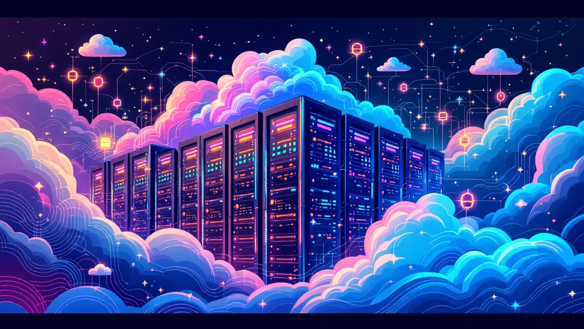 Modern data center servers with abstract clouds and ai digital nodes