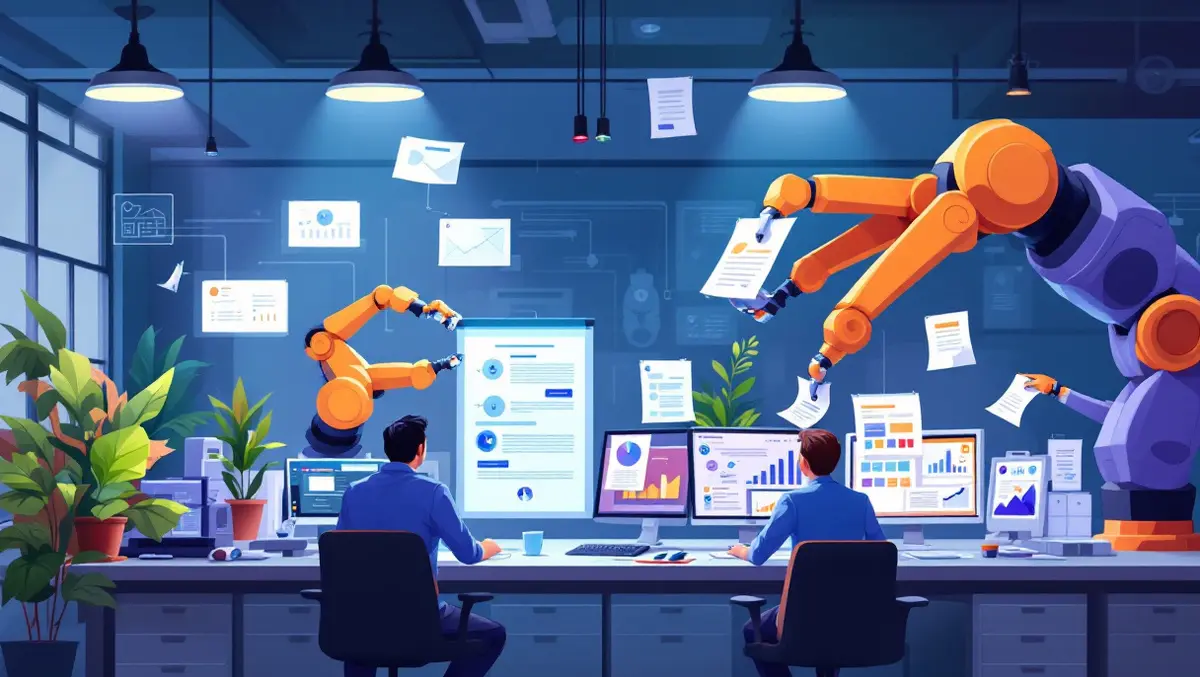Modern office robotic arms handling paperwork computers workflow diagrams