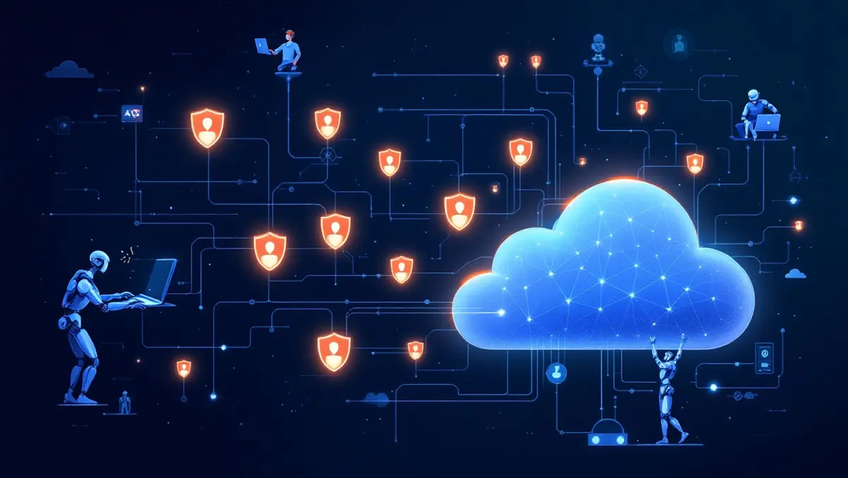 Networked cloud interconnected glowing shields human robot arms cybersecurity defense ai