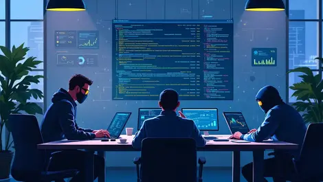 Professional software testers ethical hackers collaborating modern office