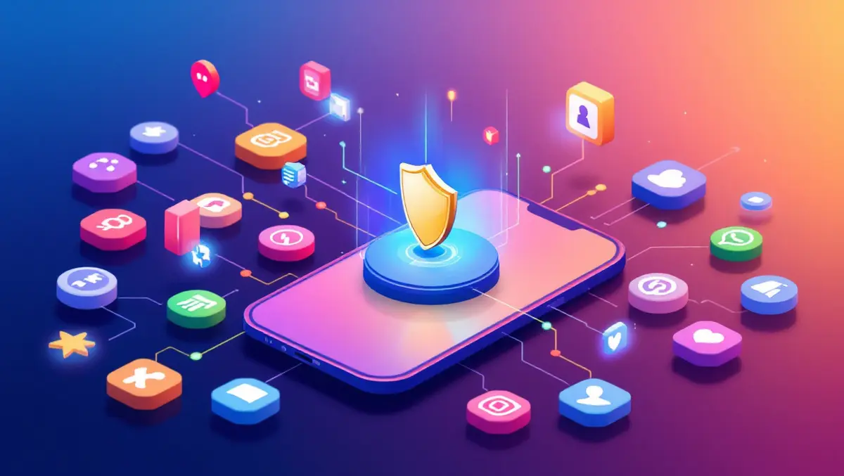 Smartphone app icons data streams shield privacy data protection illustration