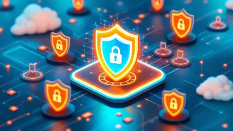 Interconnected digital security shields glowing app interface cloud server