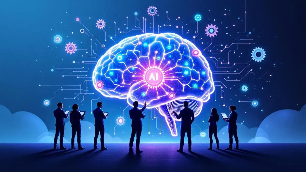 It professionals collaborating ai brain network gears circuit patterns small business