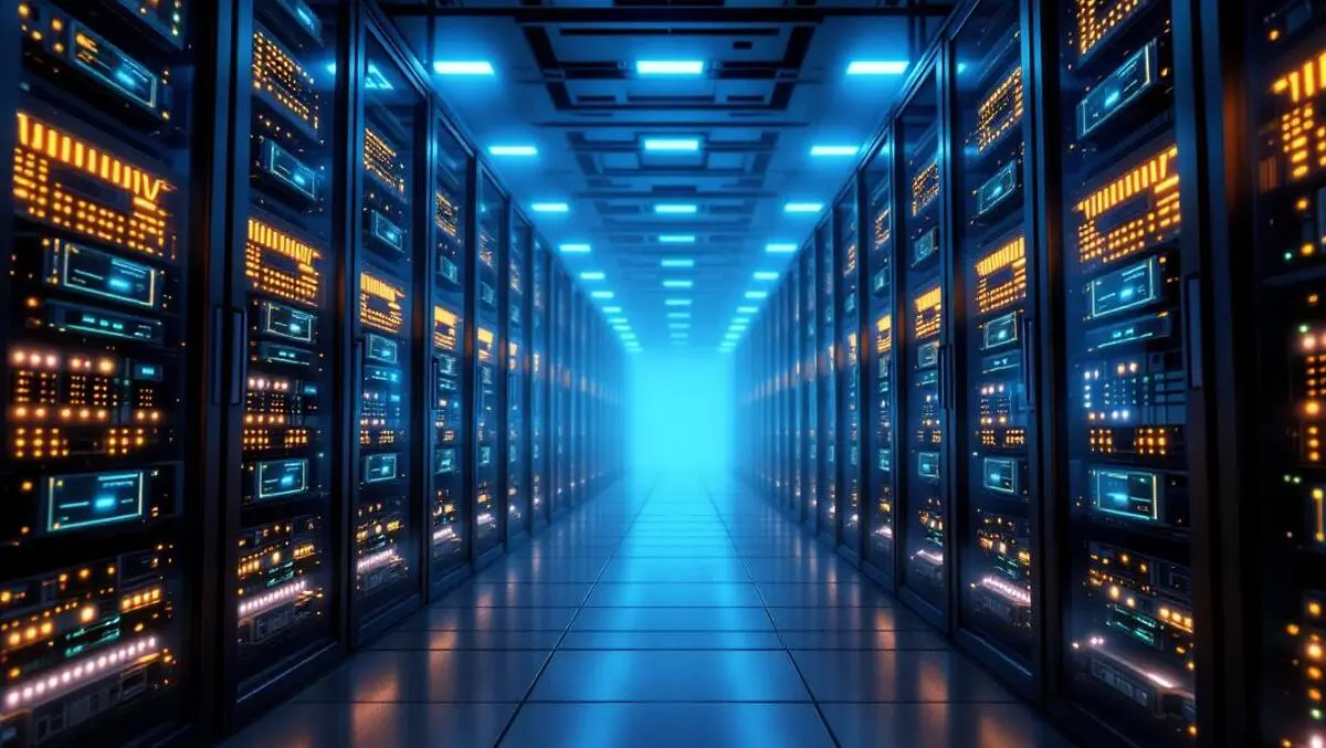 Realistic data center rows large gpu racks glowing powerful computing