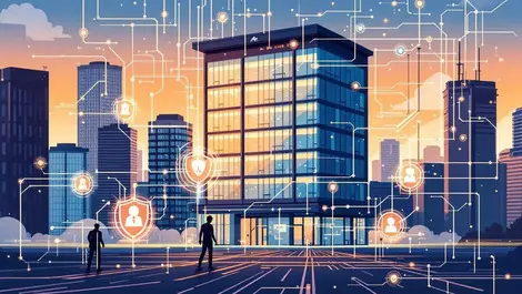 Australian office building cyber security shields cityscape shadowy hacker