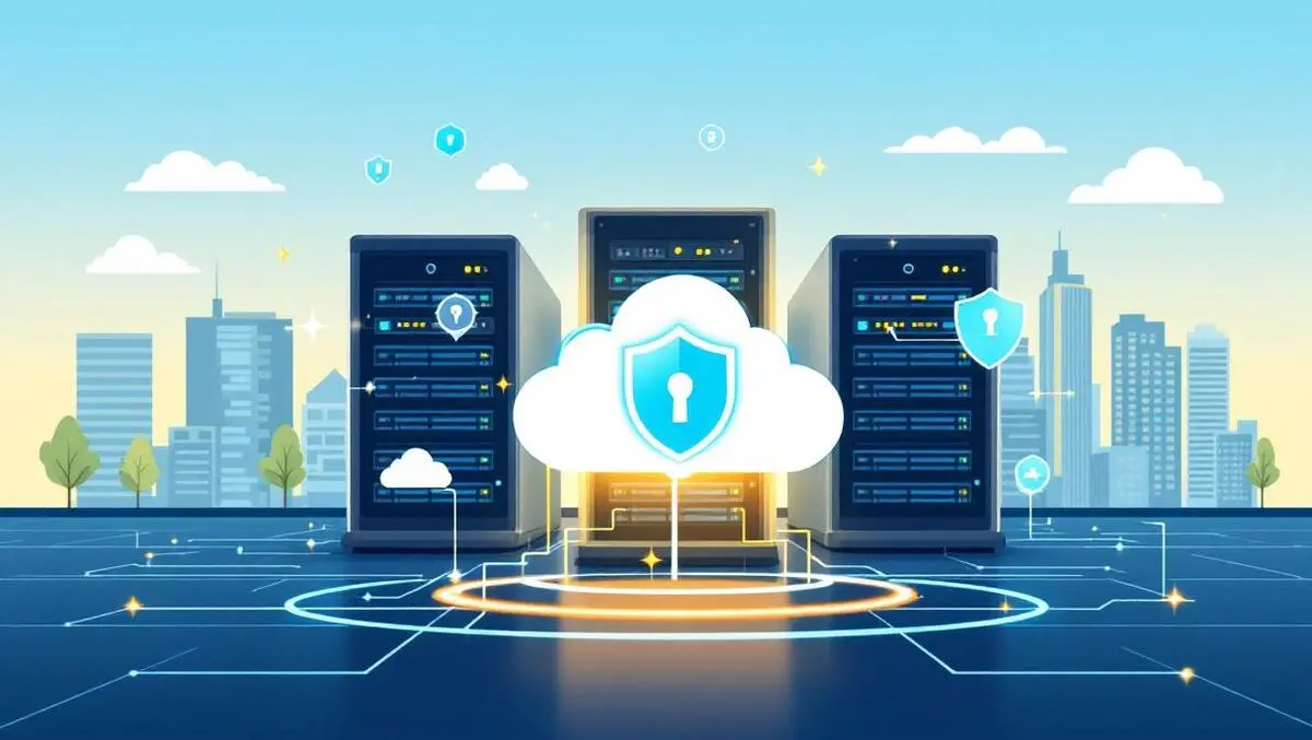 Secure modern data center cloud icons shield network australian cityscape