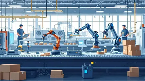 Modern automated factory floor robotic arms ai machinery sensors us manufacturing