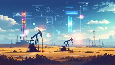 Modern oilfield drilling rigs oil pumps digital data overlays technology
