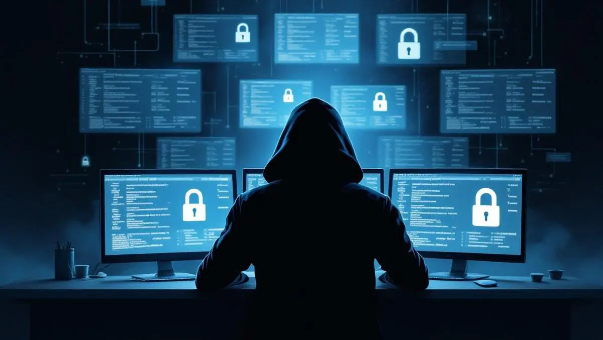 Realistic shadowy cyber hacker dark room computer monitors encrypted data