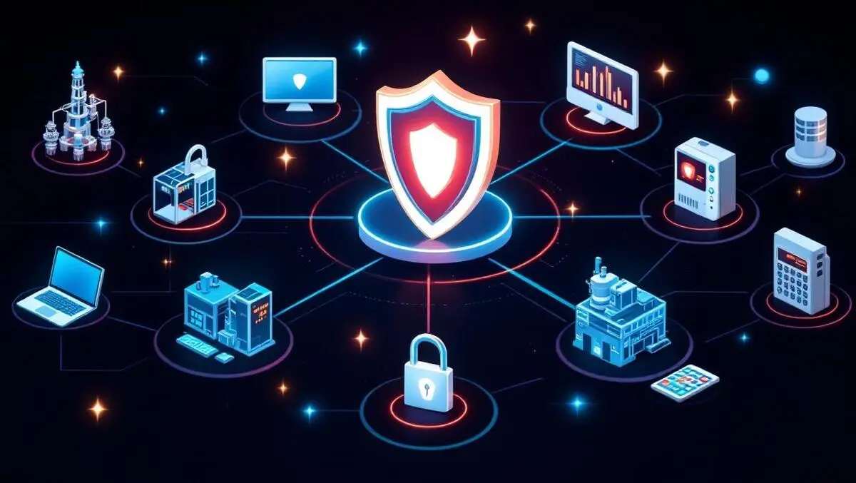 Digital illustration interconnected devices laptops smartphones iot secure shield icons