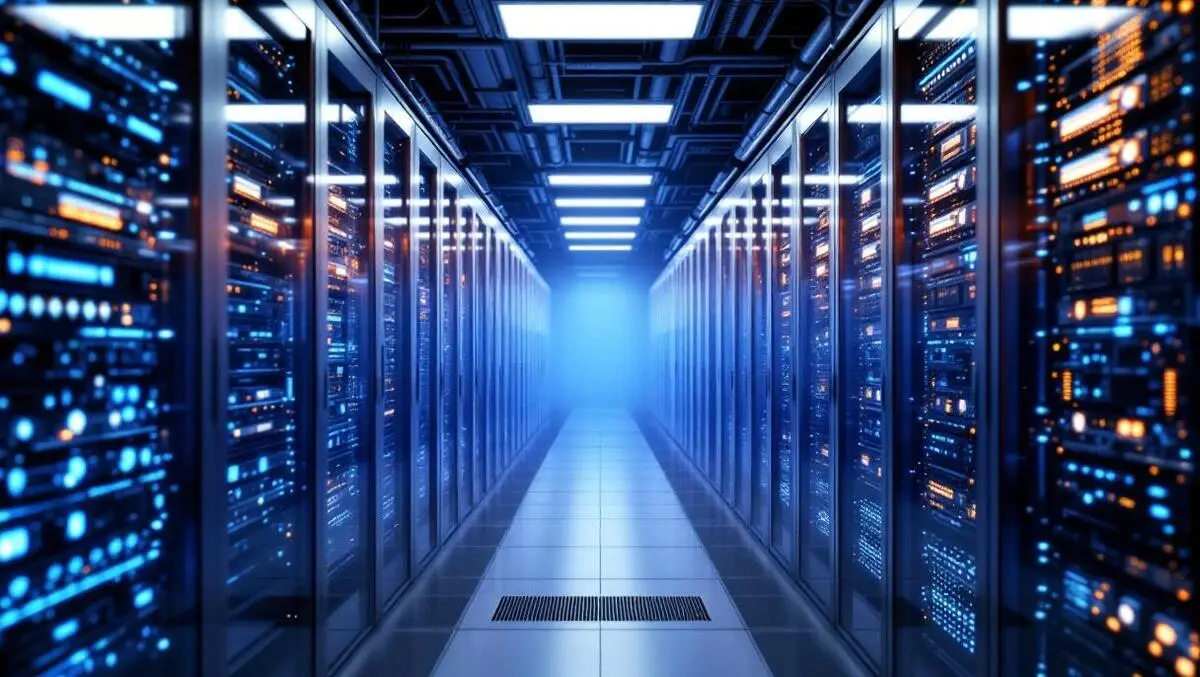 Modern data centre aisle liquid cooled server racks powerful gpus cooling pipes