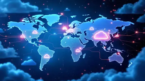 Detailed digital illustration interconnected cloud icons world map glowing data streams global cloud expansion ai integration